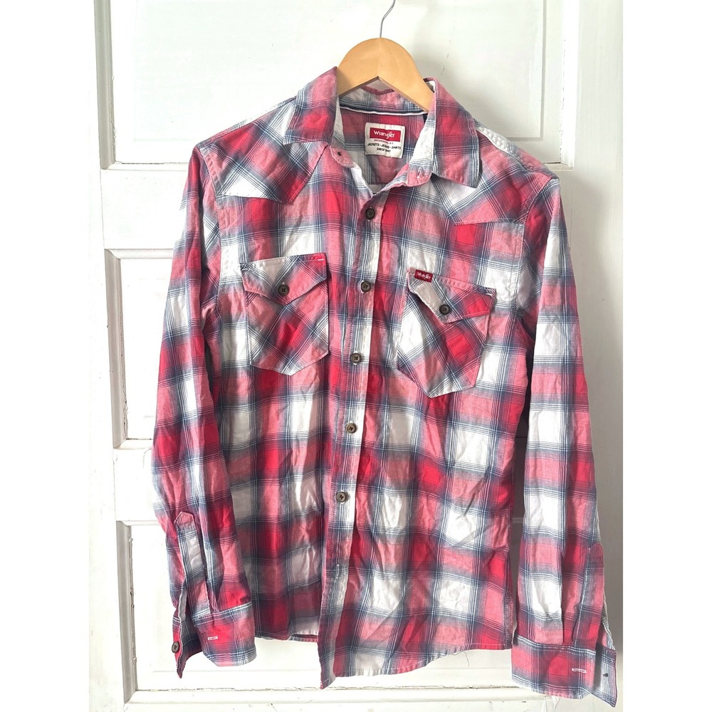 Wrangler Mens Red White Plaid Long Sleeve Button Down Western Shirt Small